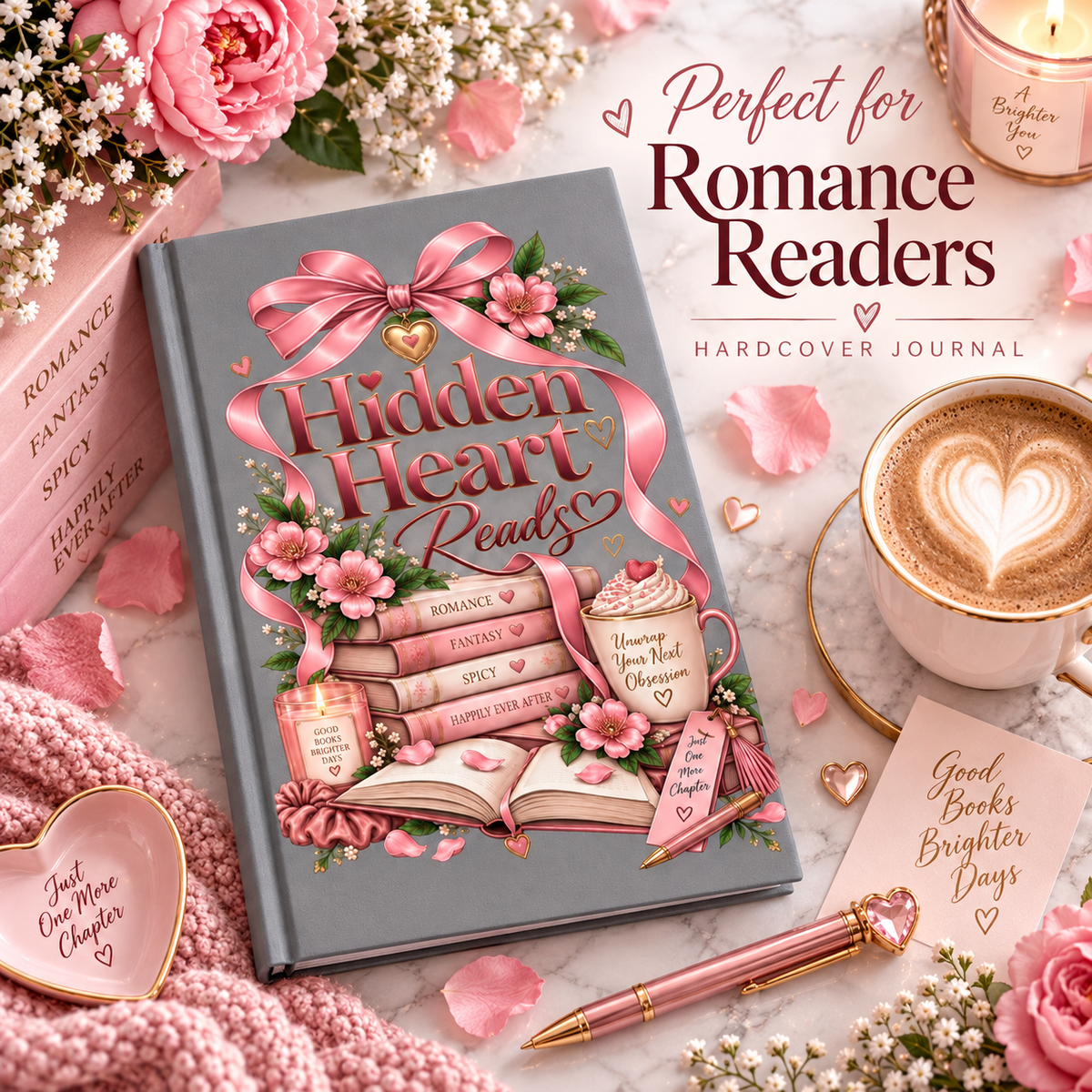 Hidden Heart Reads Hardcover Journal | Floral Ribbon Booklover Notebook