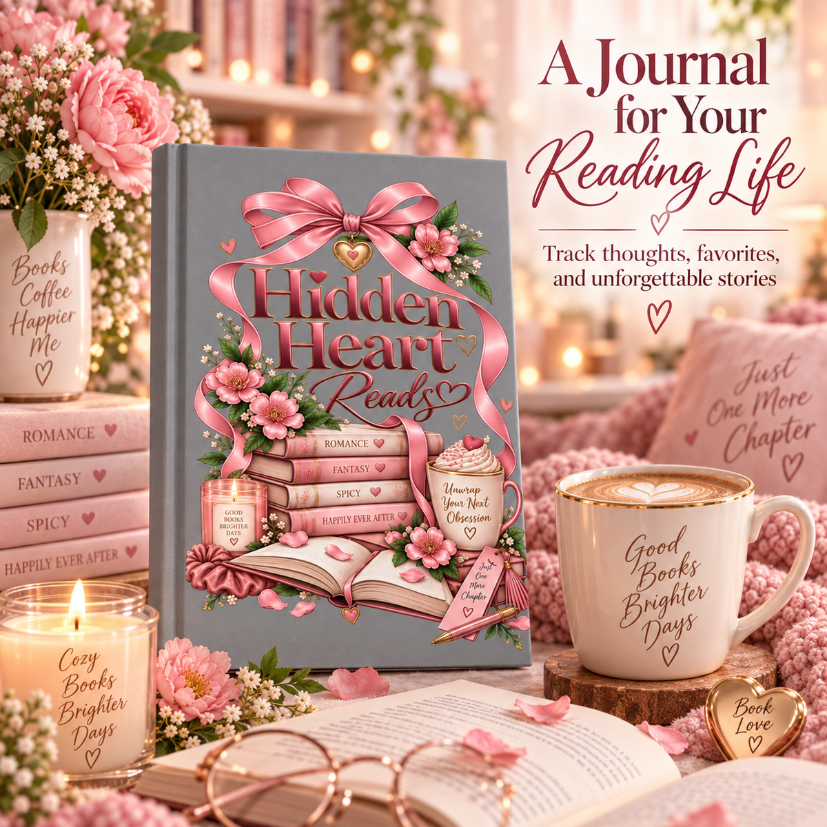 Hidden Heart Reads Hardcover Journal | Floral Ribbon Booklover Notebook