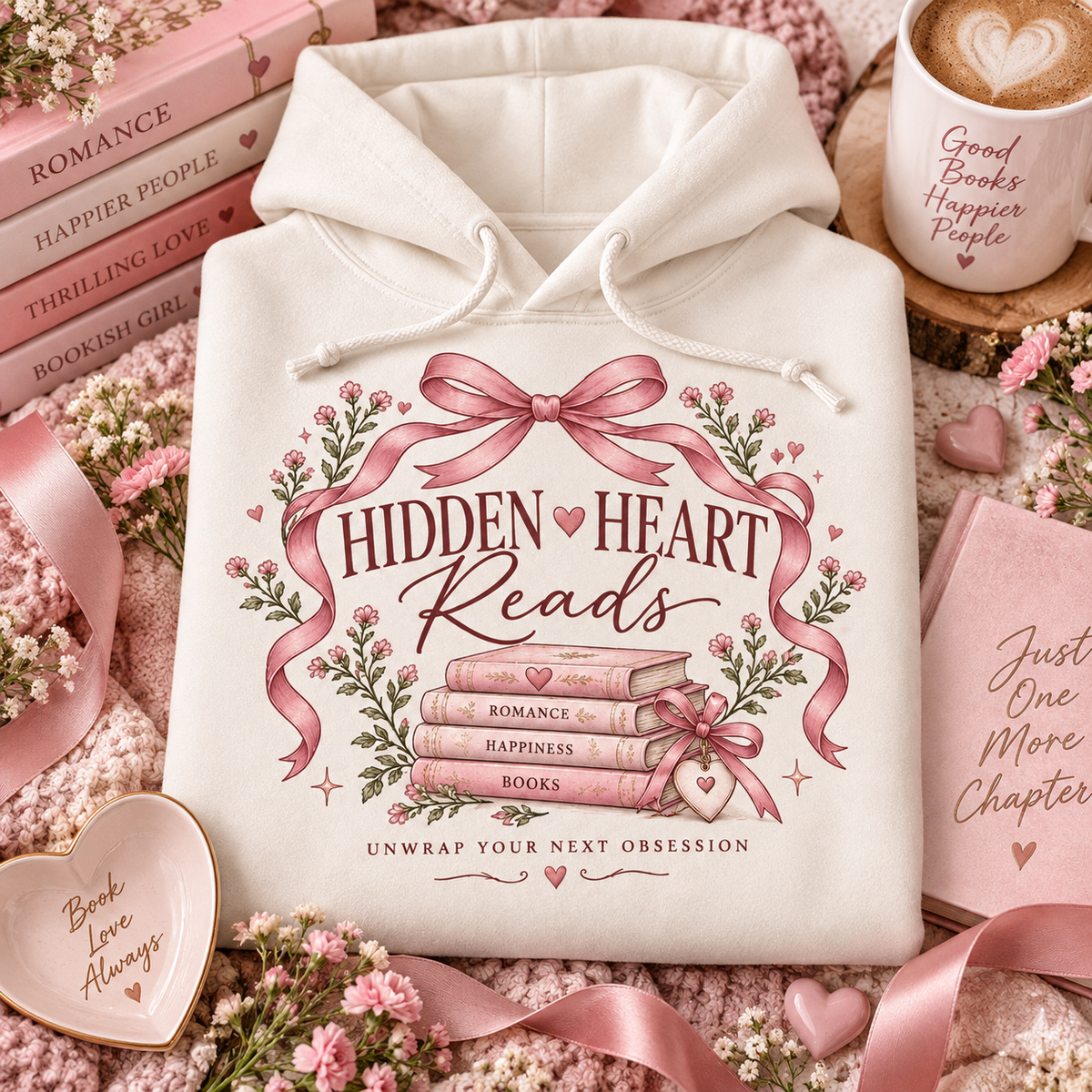Hidden Heart Reads book stack floral design Hoodie | reading quote sweatshirt